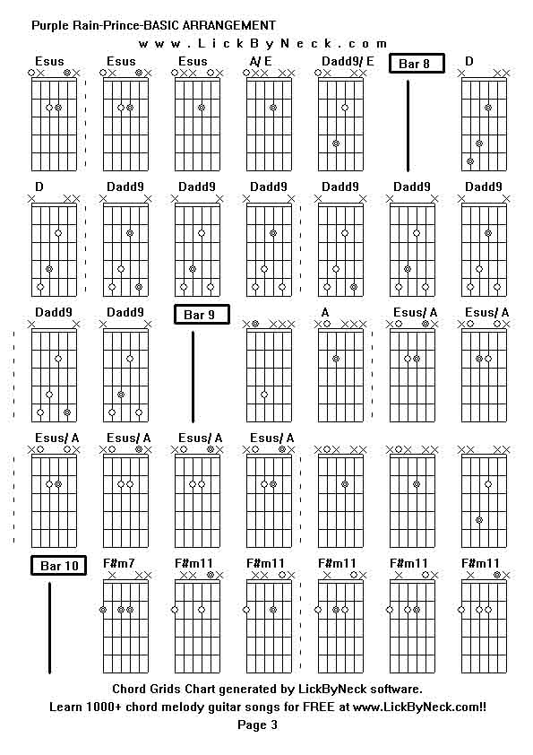 Chord Grids Chart of chord melody fingerstyle guitar song-Purple Rain-Prince-BASIC ARRANGEMENT,generated by LickByNeck software.